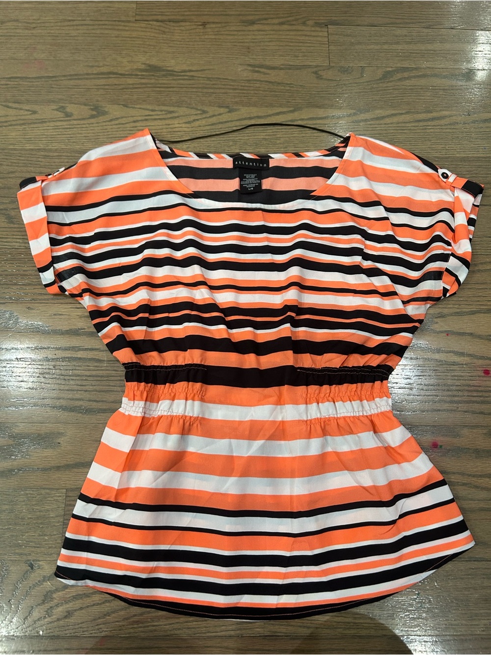 Striped Cinched Waist Shirt – Black & White Size L – Brand New